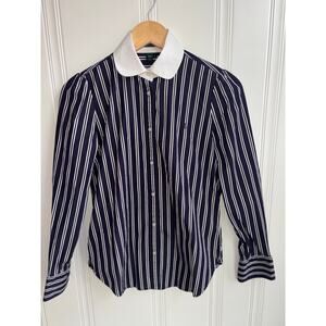 Lauren Ralph Lauren Navy Stripped Button up Collared Cotton Blouse Size XS